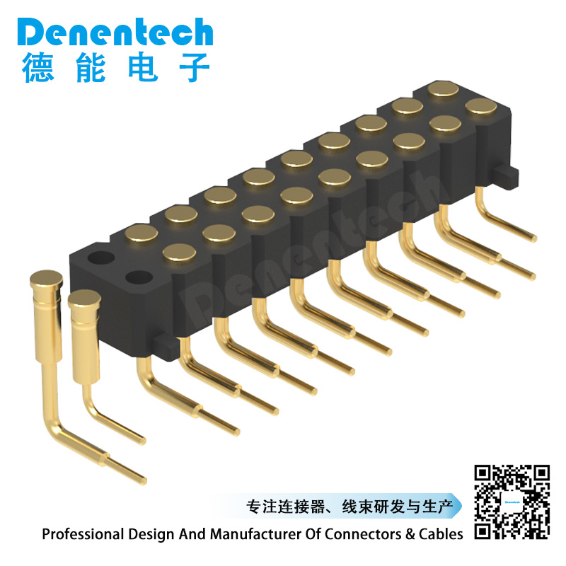 Denentech customized 3.0MM H4.0MM dual row female right angle DIP pogo pin with peg